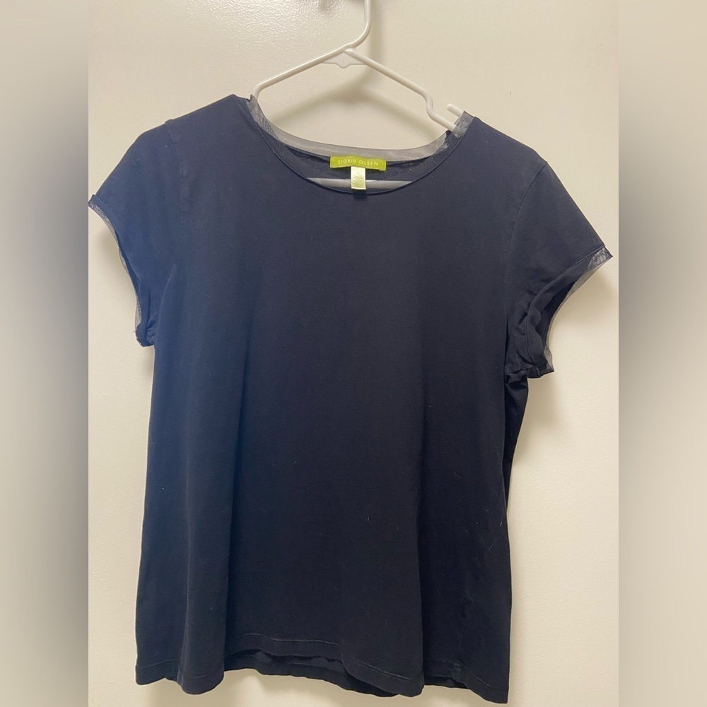 Sigrid Olsen Black Short Sleeve T-Shirt women’s size large mesh trim